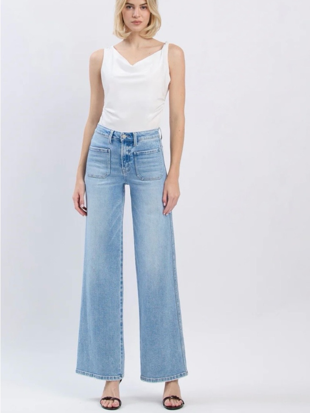 Flying Monkey Patch Pockets Light Blue High-Rise Wide Leg Jeans